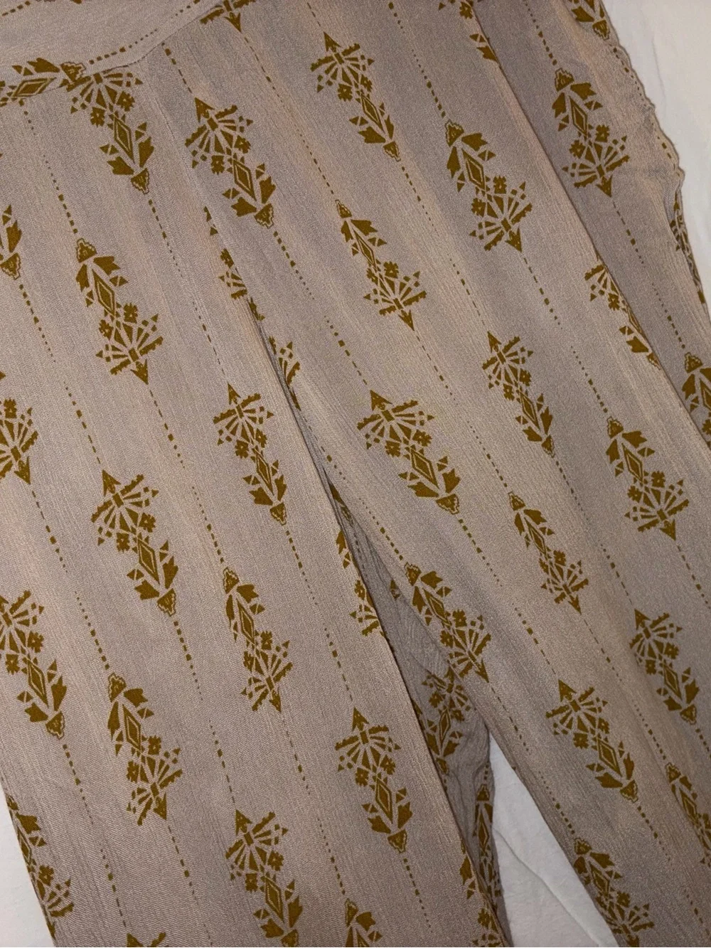 Free People Taupe Wide Leg Printed Pants with Mustard Motif